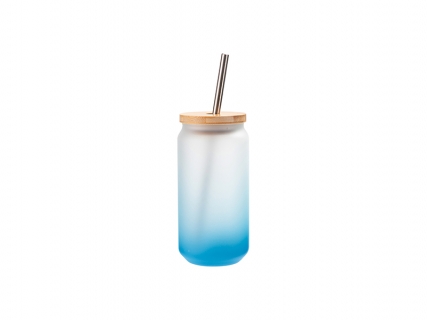 18oz/550ml Sublimation Blanks Glass Can Tumbler Gradient Light Blue with Bamboo Lid