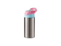 12oz/360ml Sublimation Blanks Kids Stainless Steel Bottle With Silicon Straw &Pink Cap(Silver)